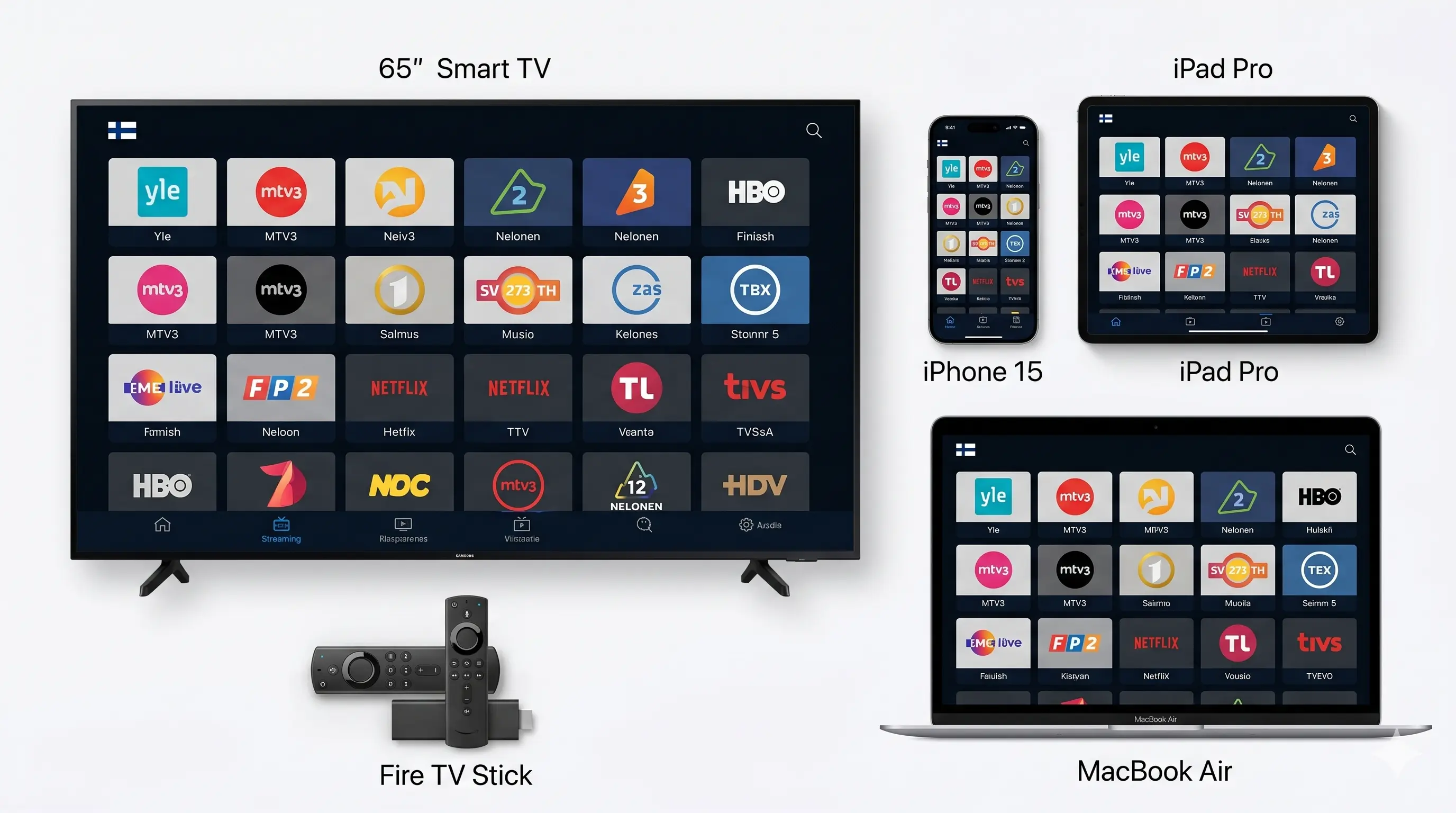 IPTV Suomi toimii Smart TV:llä, Amazon Firestickillä, iPhonella, iPadilla ja tietokoneella samanaikaisesti