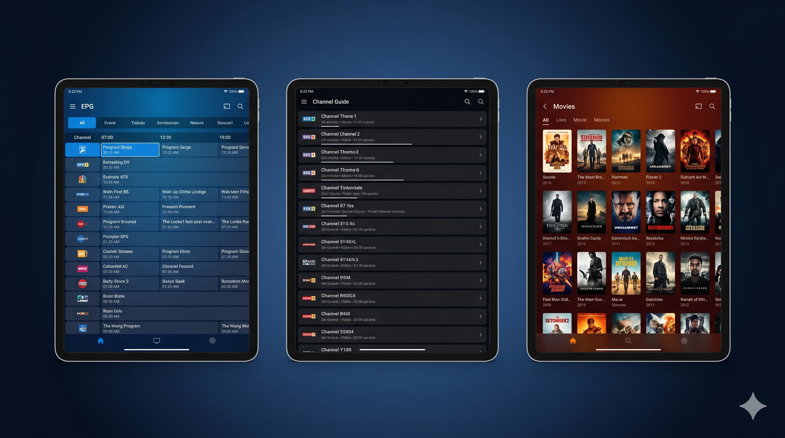 TiviMate, IPTV Smarters Pro ja GSE Smart IPTV käyttöliittymät rinnatusten