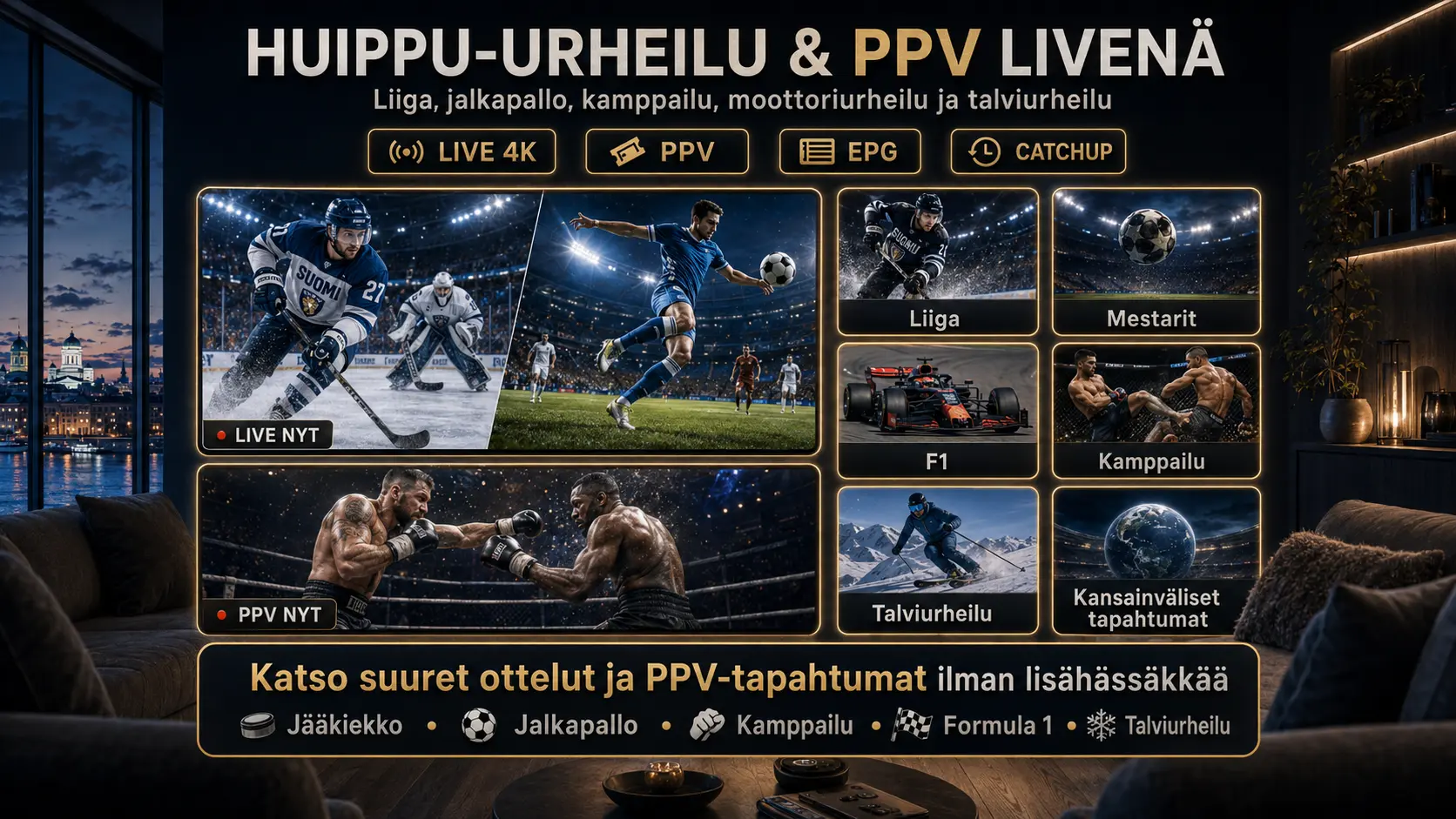 IPTV Suomi urheilu ja PPV live: jääkiekko, NHL, Veikkausliiga, Formula 1, kamppailu-urheilu ja talvilajit